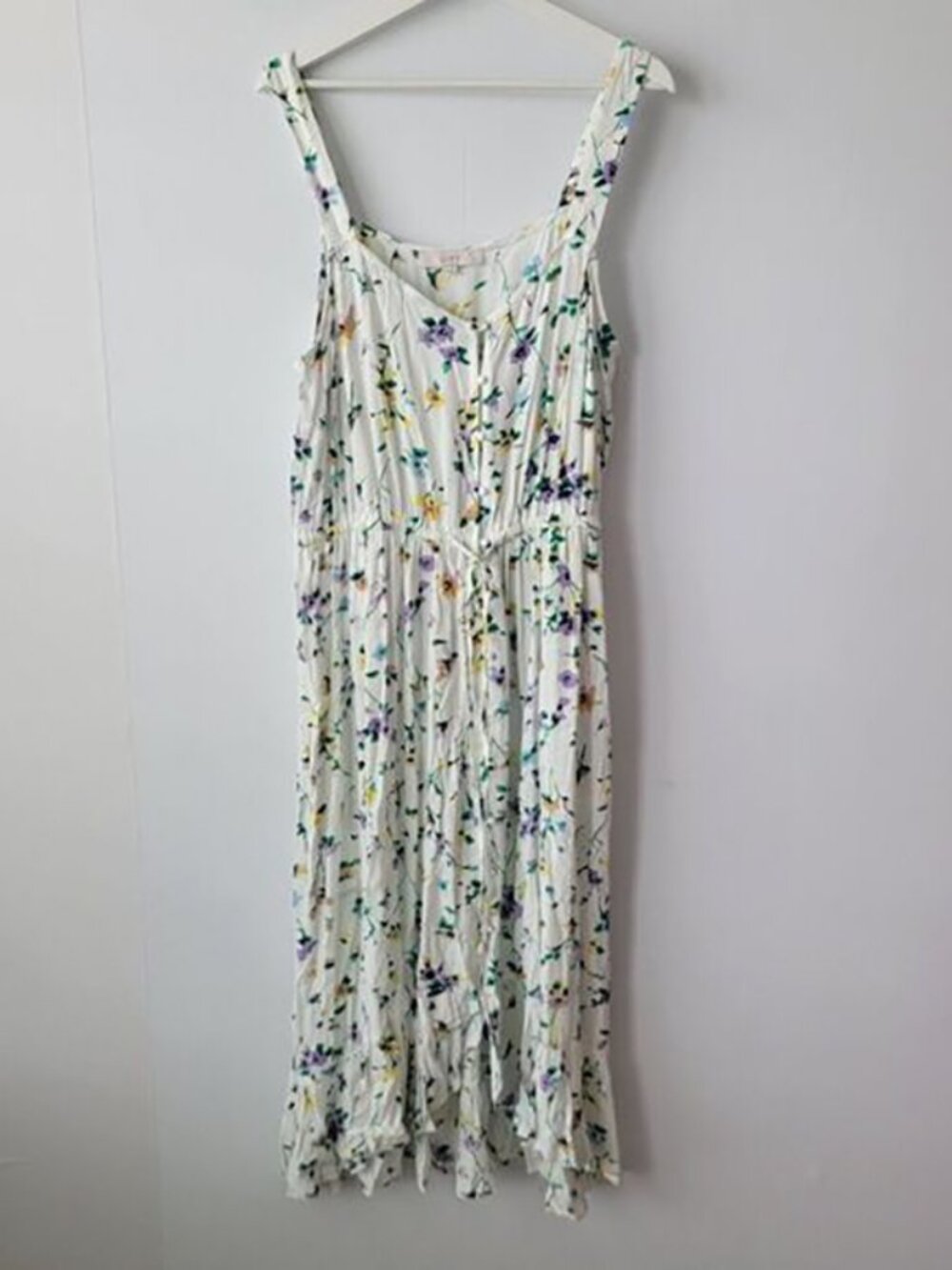 Loft womens Floral Button Ruffle Midi Dress size 14 button front tie wasit